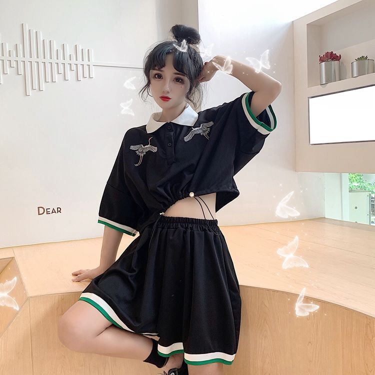 セットアップ 2点セット チャイナ風服 中華服 改良唐装 改良漢服 チャイナ風トップス 折り襟 五分袖 ショート丈 ショートパンツ 可愛い 普段着 デート ブラック 黒い Elegant