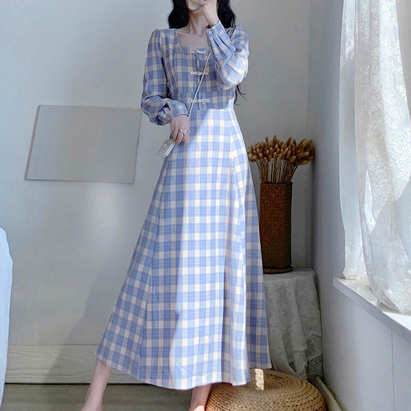 Nihuoシリーズ チャイナ風ワンピース チェック柄 チャイナボタン 長袖 スクエアネック デート Xs S M L Elegant