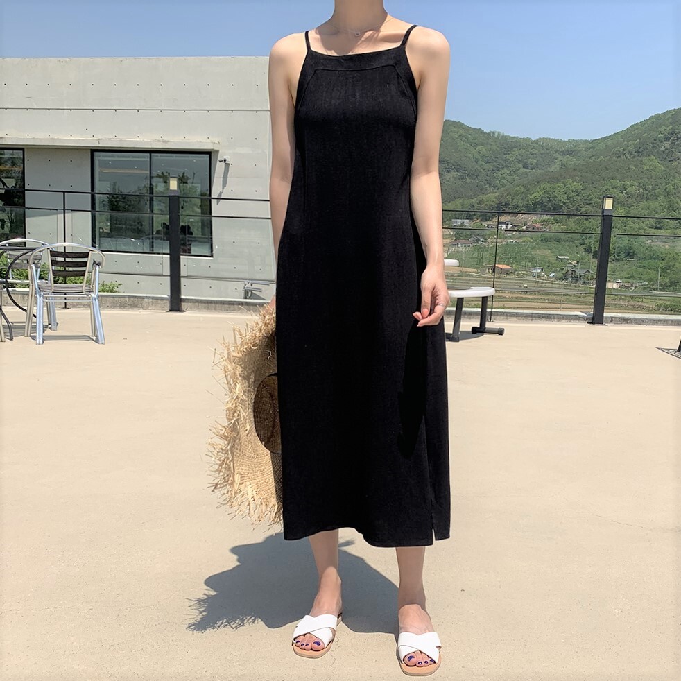 送料無料 夏にぴったり キャミソール ワンピース ロング スリット リボン 肌見せ ラフ レイヤード 大人カジュアル リゾート風 Lamitte Deco トレンド 韓国ファッション ショップ