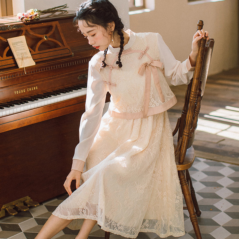 チャイナ風ワンピース レースチャイナドレス S M L アプリコット リボン フェアリー レトロ Elegant