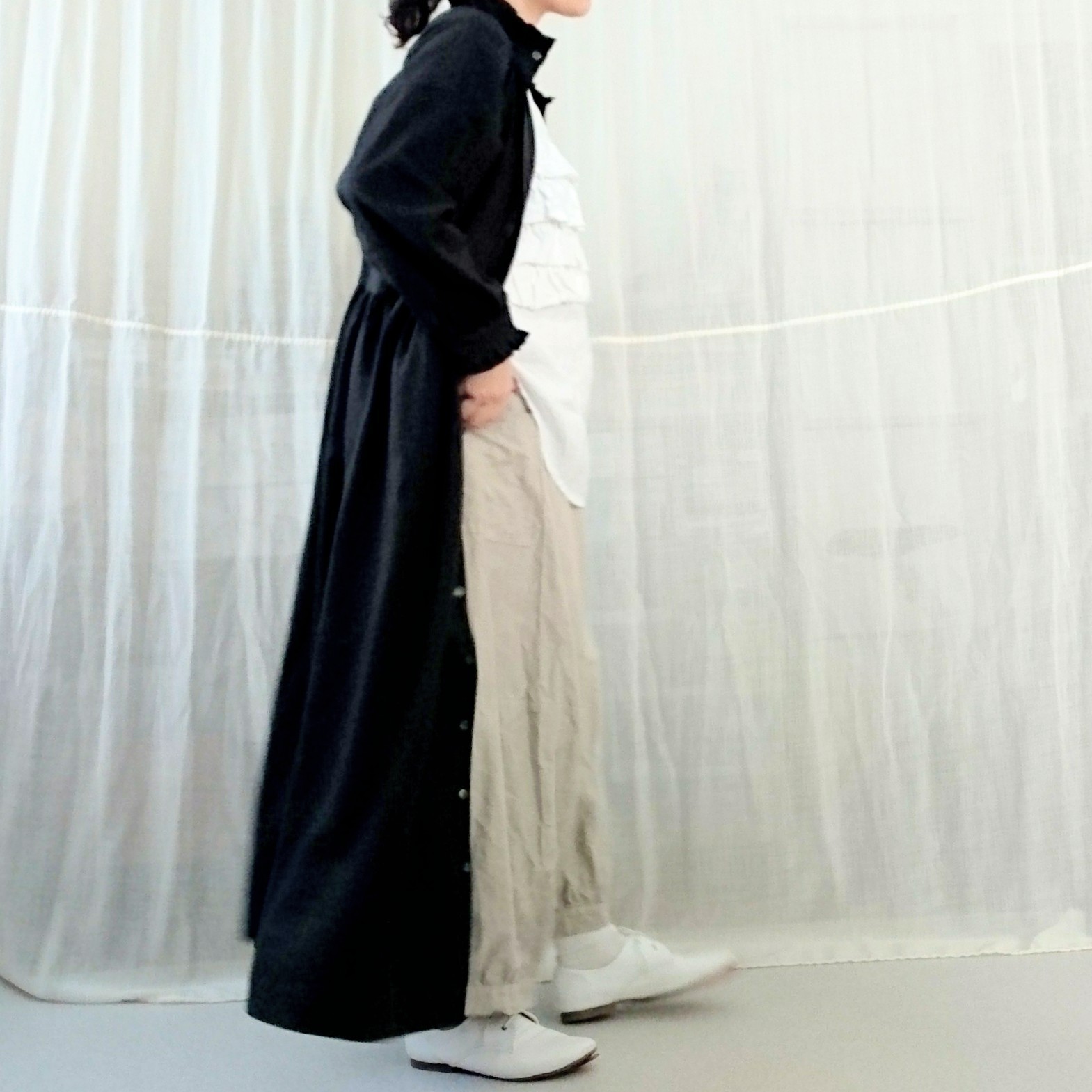 キチンとフリルシャツワンピース 黒 Maco マーコ