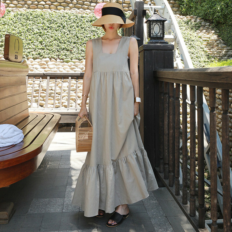 ワンピース ロング マキシ リネン ロングワンピース マキシワンピース フリル フレア ノースリーブ 無地 可愛い リゾート 夏 バックコンシャス ゆったり 大きいサイズ Db0148 Dbstyle 海外アパレル 韓国ファッション