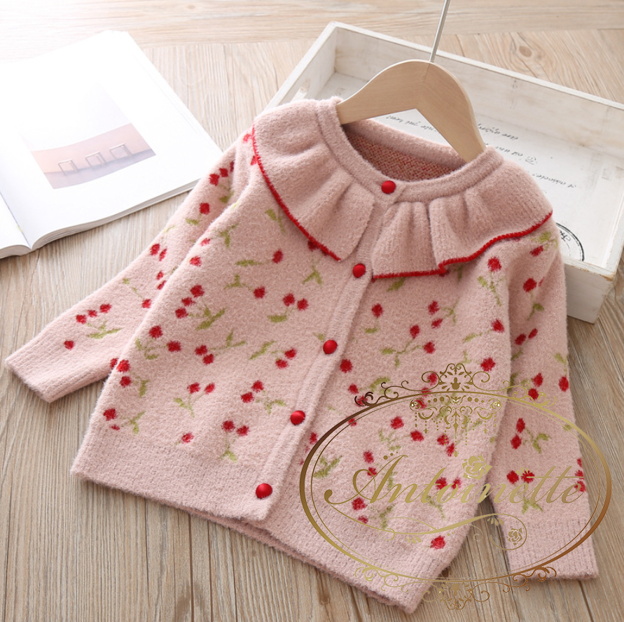 女の子 キッズ さくらんぼ チェリー カーディガン フリル 長袖 ニット は織物 はおりもの 子供服 こども Antoinette