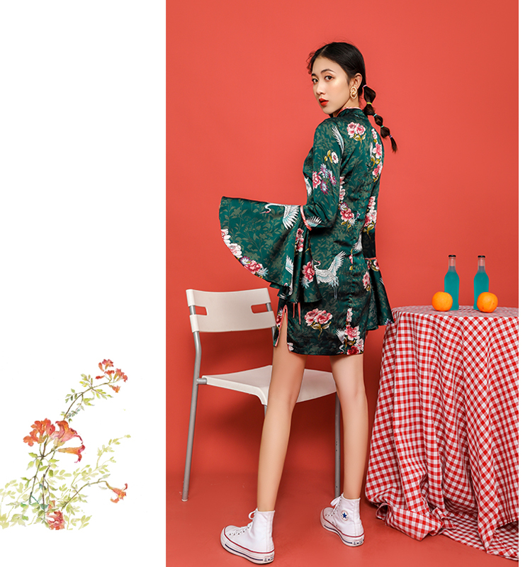 チャイナ風ワンピース 改良型チャイナドレス チャイナ風服 中華服 改良唐装 改良漢服 スタンドネック 長袖 ショート丈 普段着 S M L Ll 可愛い パーティー 女子会 個性的 グリーン 緑 鶴模様 Dresszone