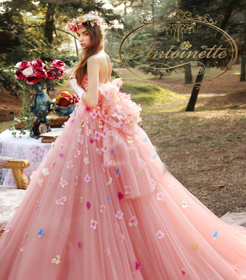 いいスタイル 上品のハンドメイド ピンク花 ウェディングドレス ウェディング