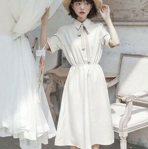 シャツ ワンピース ミモレ丈 シンプル リボン 半袖 襟付き ハイウエスト 4176 流行オルチャンファッション 人気のプチプラ韓国レディースファッション新作通販 Aliceholly