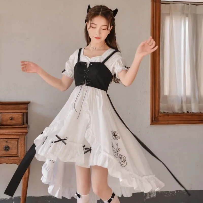 送料無料 花柄フリル フィッシュテールパフスリーブワンピース 編み上げデザインビスチェ ロック コスプレ ロリータ ゴスロリ バラ フリル リボン イベント 衣装 ｒ６４９ Rumina Select Shop