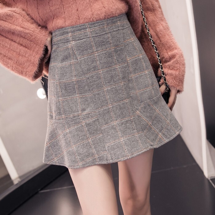 スカート チェック柄スカートパンツ 秋 冬 フリルハイウエスト チェック柄 ウールワードスカート ショートスカート 女性フィッシュテール バッグヒップ ズボンスカート Ledy Go Round