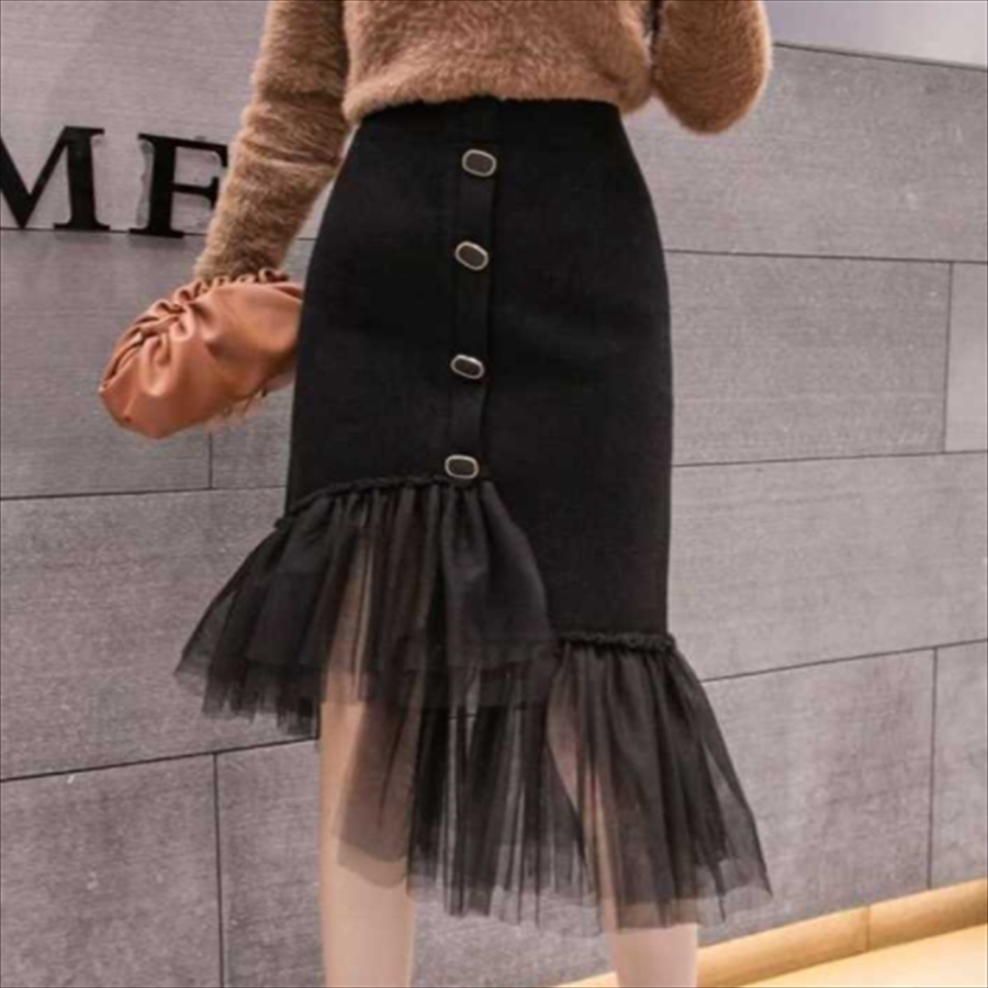 大人可愛い タイトスカート ロング 透け感 異素材切り替え 無地 ボタン ハイウェスト こなれ感 春 お出かけ 街角のカフェテラス