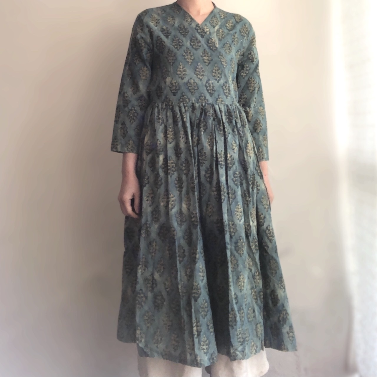 Mサイズ インド柄 No 19 ブロックプリント Mula Working Clothカシュクールワンピース Heirloom エアルーム Clothing Fabrics