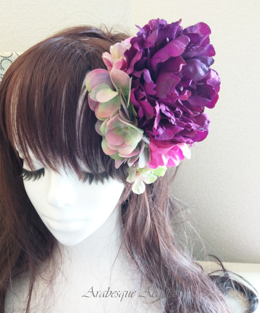 ベリーダンス髪飾り 紫のピオニーとピンク色でまとめた花飾り ベリーダンスショップ アラベスクアカシア