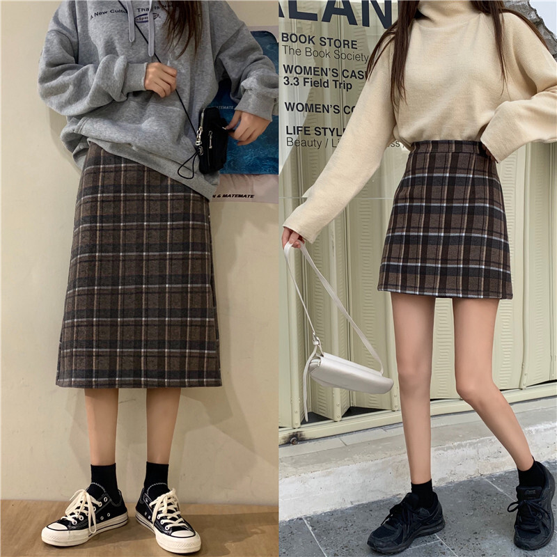 レトロ ガーリー チェック柄 ミニスカート ロングスカート レディース ボトムス 台形スカート ペンシルスカート ミニ丈 ショート丈 ミモレ丈 ロング丈 膝下 カーキ ブラック 黒 無地 ハイウエスト 大人 シック クラシカル 脚長効果 スタイルアップ スリム エレガント