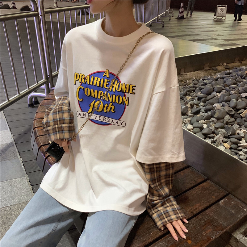 送料無料 １枚でおしゃれ見え チェックシャツ ロゴ Tシャツ ドッキング オーバーサイズ 重ね着風 トップス Lamitte Deco トレンド 韓国ファッション ショップ
