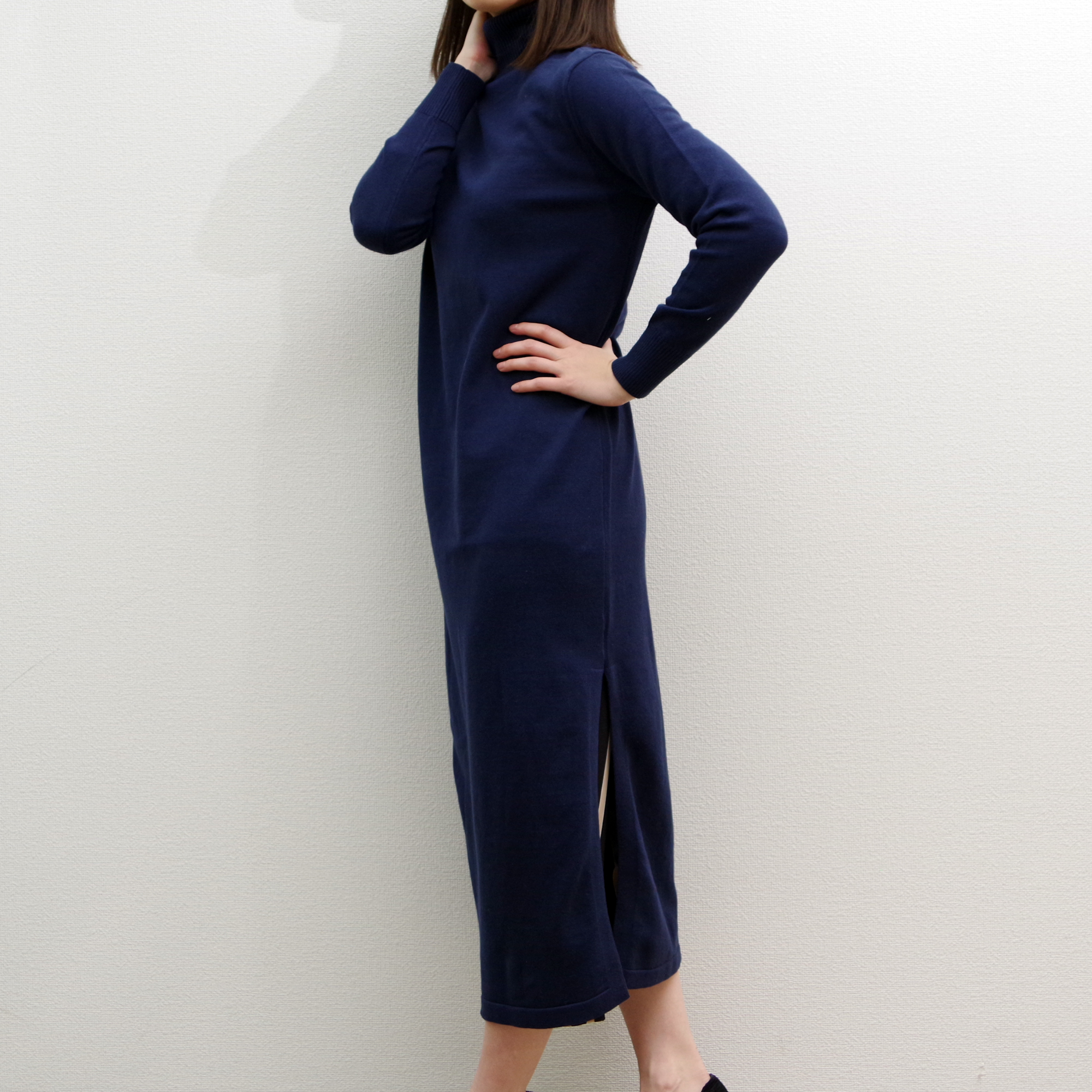 即納 ニットワンピース ネイビー タイト ロング 秋冬 ハイネック スリット Aerg アーグ レディースアパレル通販サイト