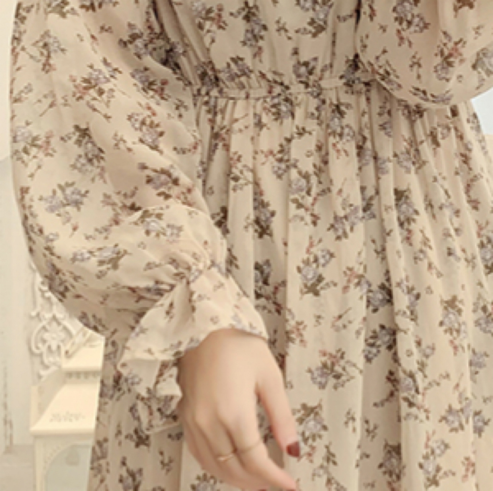 Aスタンドカラーフリルシフォンワンピース 花柄 妖精 フローラルワンピース F D F Fee Des Fleurs フェデフルール