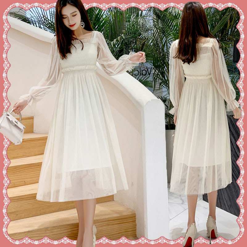 即納 ワンピース レディース シースルーワンピース ミモレ丈ワンピース Aライン メッシュ ハイウエスト 清楚 ロマンティック Happy Toon