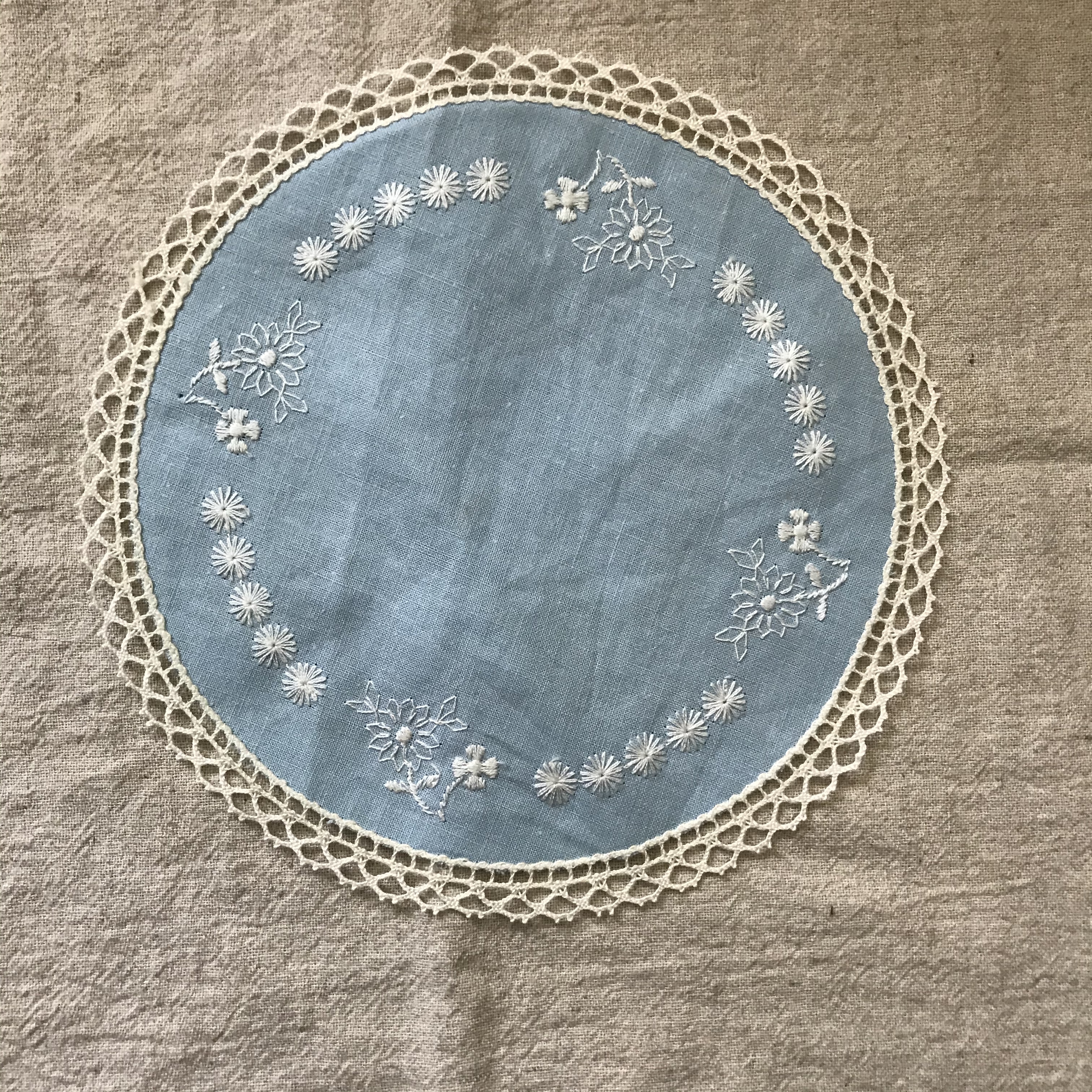 白い刺繍の水色の布 Tsuitachi Craft Brocante