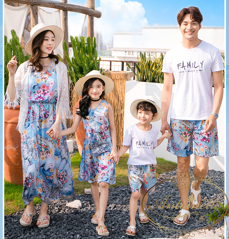 ブルー ペアルック リゾート 家族 お揃い 花柄 海 夏物 レディース 子供 親子コーデ Family Pair Blue One Piece Summer Antoinette