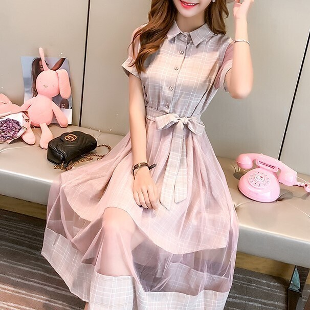 チェック レース シースルー チュール オーガンジー ロング マキシ ロング丈 マキシ丈 ワンピース ドレス Ladty レディティ