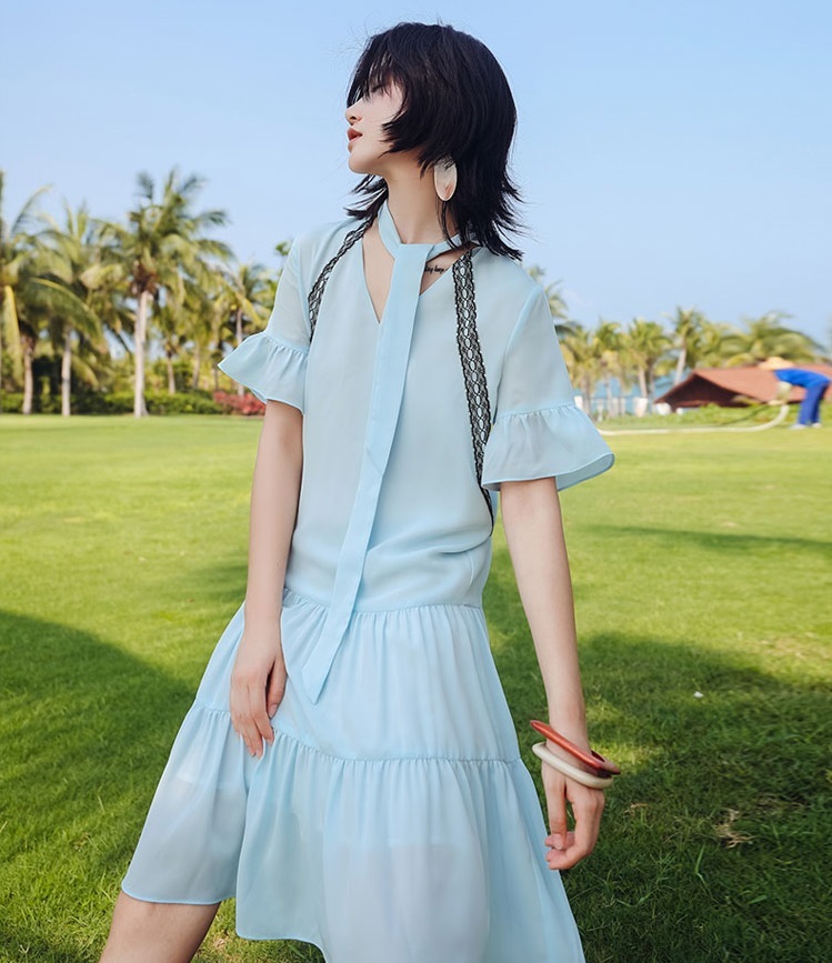 夏 ガーリー 爽やか ワンピース 個性 フリル 青 ブルー レース やみかわ スカーフ ひざ丈 Happy Toon