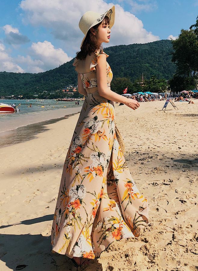 リゾートワンピース フリルショルダー ラップデザイン ハイウエスト マキシ丈 花柄 プール 海 ビーチ リゾート 夏 代 30代 40代 新作 2577 B Bloom ビーブルーム レディースファッション通販