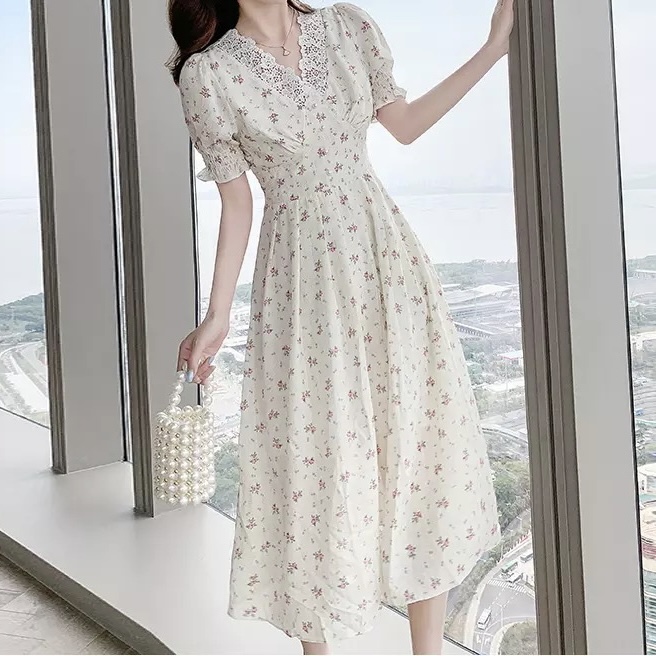 花柄シフォンクラシカルワンピース ホワイト Honeyant