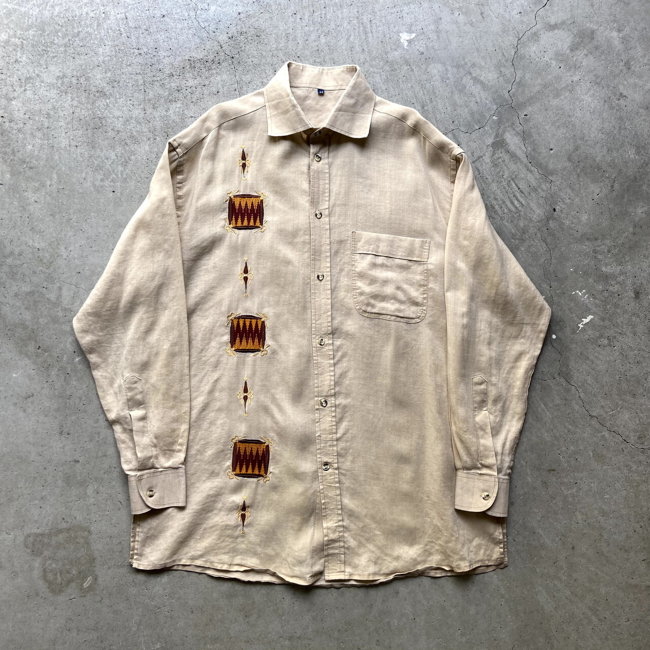 ユーロ 刺繍デザイン 長袖 リネンシャツ メンズxl相当 古着 ナチュラルカラー 生成り オフホワイト 長袖シャツ Cave 古着屋 公式 古着 通販サイト