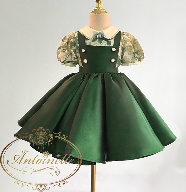 Size100のみ即配可能 グリーン ワンピース 子供 アンティーク 花柄 ロリータ 女の子 ドレス Green Flower Antique Kids Girl One Piece Dress Antoinette