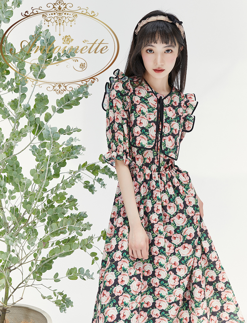 レディース 薔薇 エレガント デート ワンピース コーデ ロング丈 Woman One Piece Ladies Rose Flower Antoinette