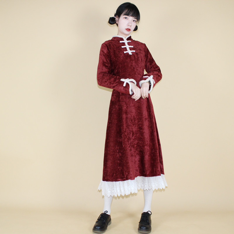 伊甸シリーズ チャイナ風ワンピース 成人式ドレス 2color クリスマス 新年 可愛い ロング丈 赤 ピンク ベルベット Elegant