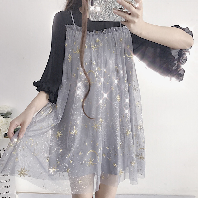 星柄 袖コンシャス トランペットスリーブ フリル星柄ワンピース ｒ066 Rumina Select Shop