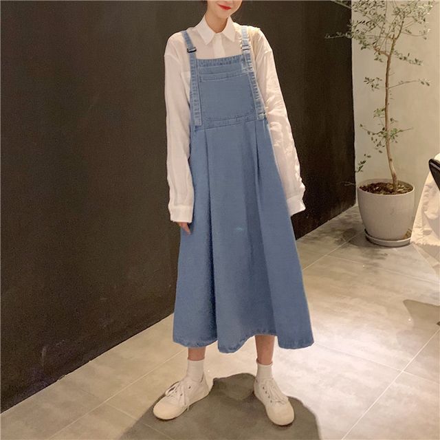 デニムジャンパースカート ワンピース ジャンパースカート デニム レイヤード ａライン マキシロング丈 ロングワンピース カジュアル フェミニン きれいめカジュアル カジュアル 夏 春 Op 0750 Y Happy Orurea ハッピーオルレア
