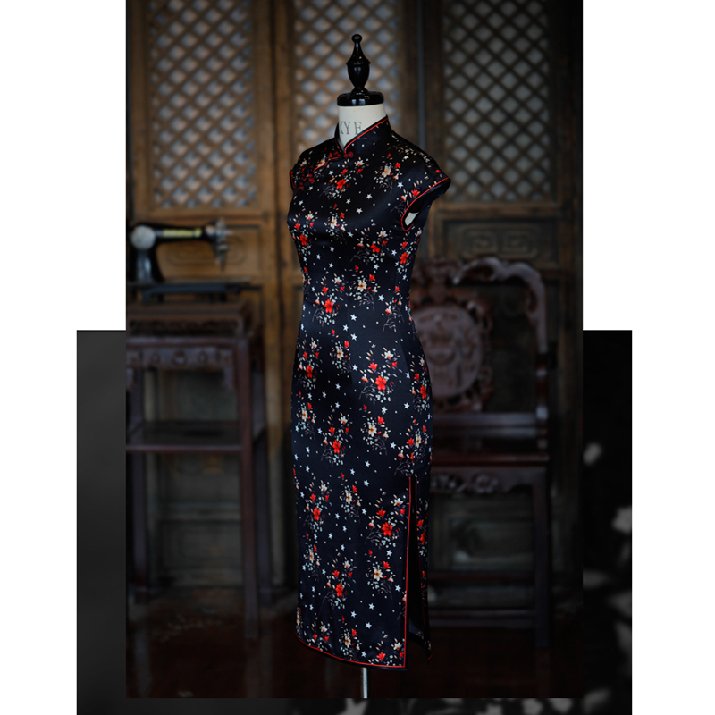 チャイナドレス ワンピース チャイナ風服 中華服 スタンドネック 半袖 ショート丈orロング丈 エレガント 着痩せ 上品 S M L Ll 普段着 パーティー 女子会 花柄 ネイビー シルク 高級感溢れる Elegant