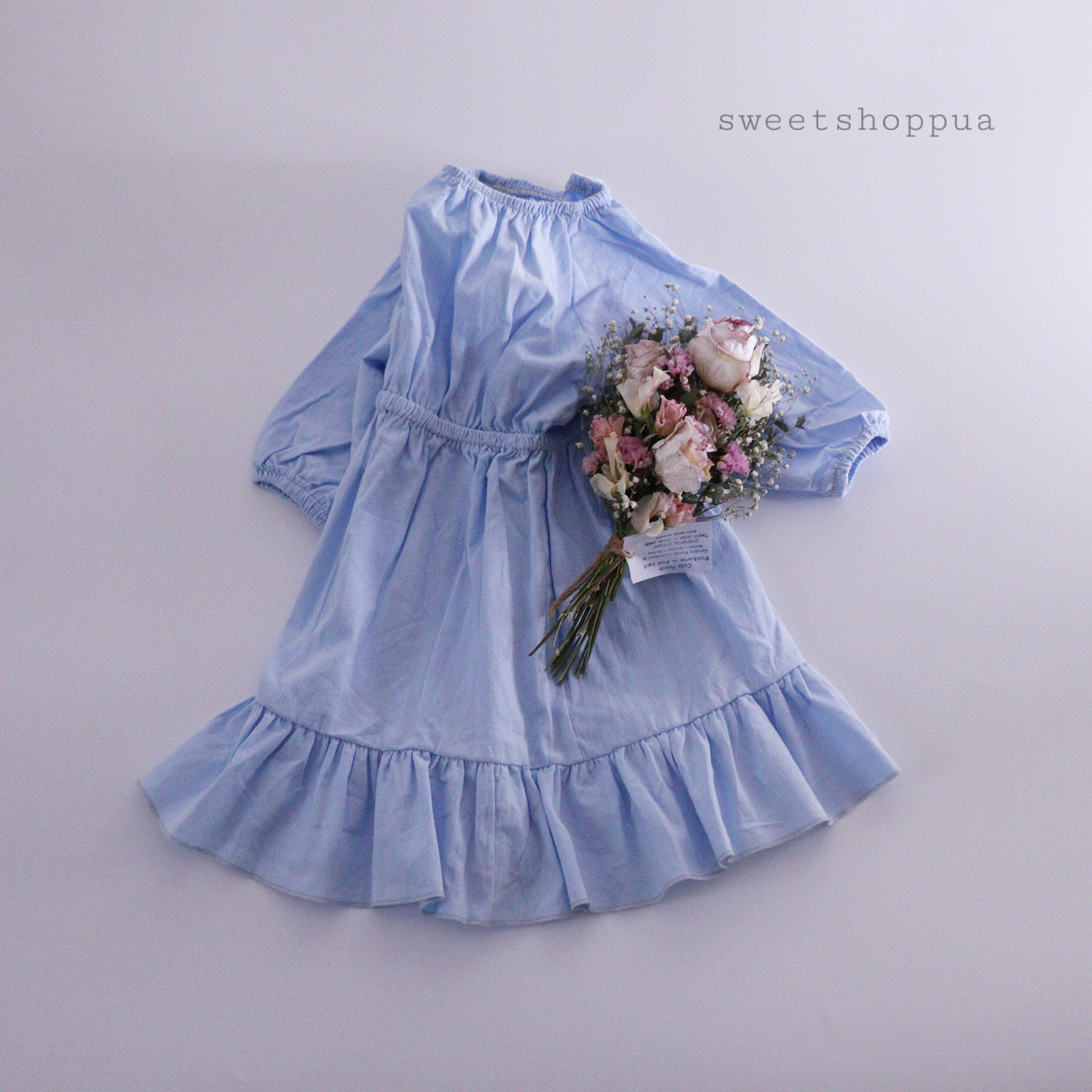 即納 ぽわん袖 水色 ワンピース 7444 313 海外子供服 Sweetshop Pua