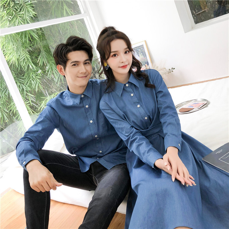 カップル リンクコーデ インディゴブルー デニム シャツ ワンピース 春 秋 0195 夫婦 親子 カップルのリンクコーデ専門店 Pair Cele ペアセレ
