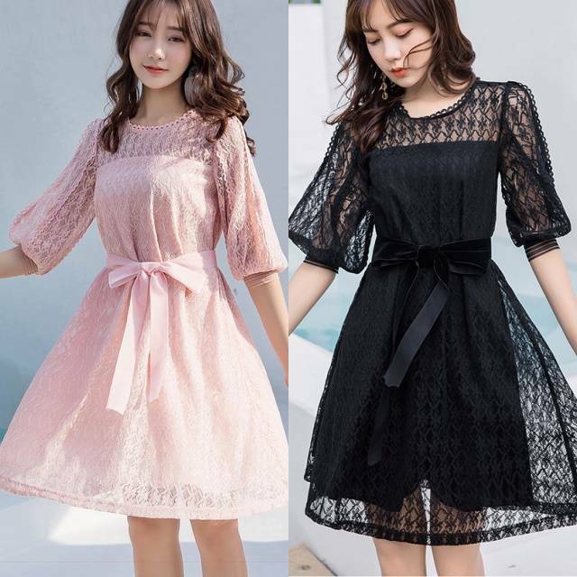 ワンピース レディース 7分袖ワンピース レースワンピース フェミニン ウエストリボン ガーリー シースルー 大きサイズ Happy Toon