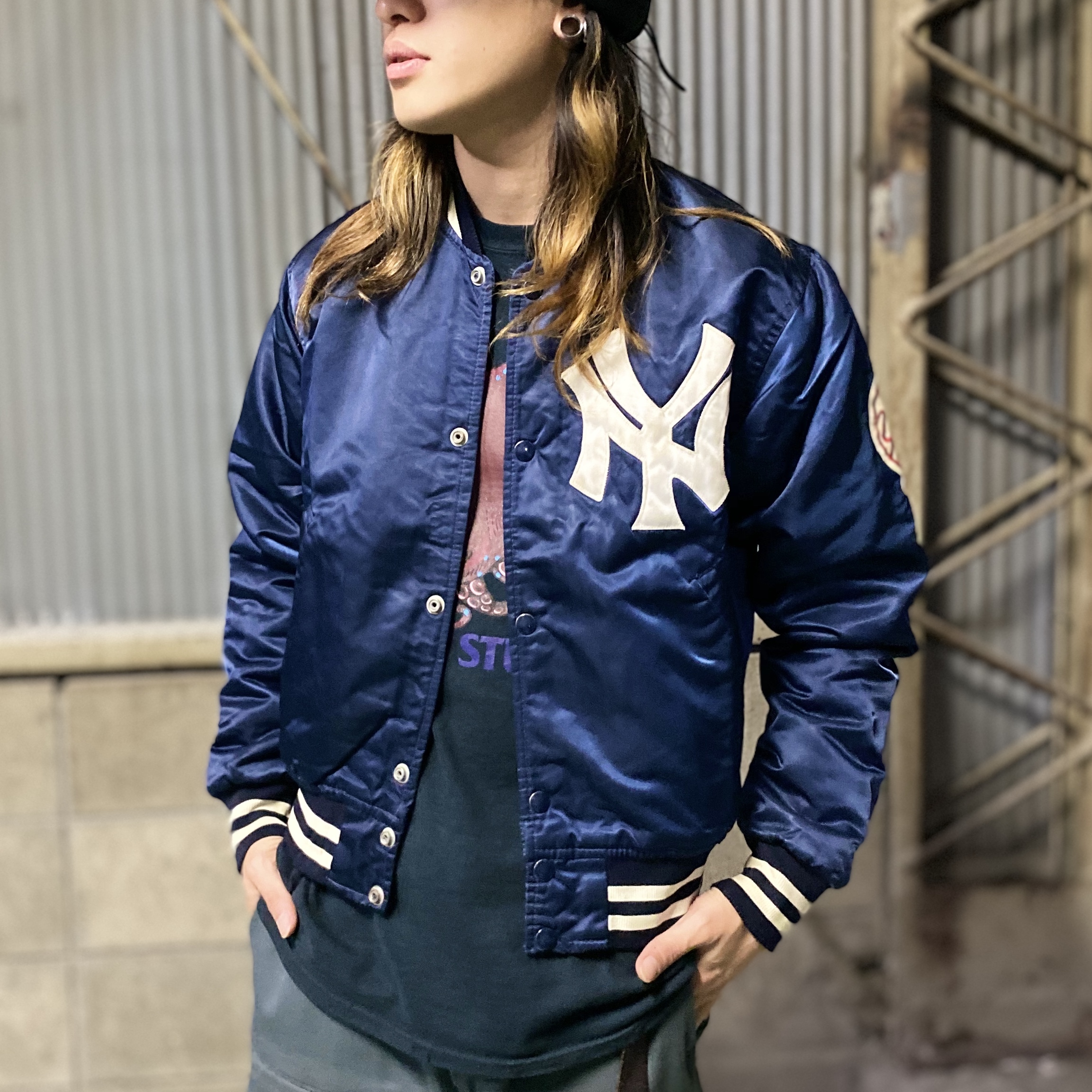 希少 スターター ニューヨーク ヤンキース ブルゾン 紺 ピンク L MLB-