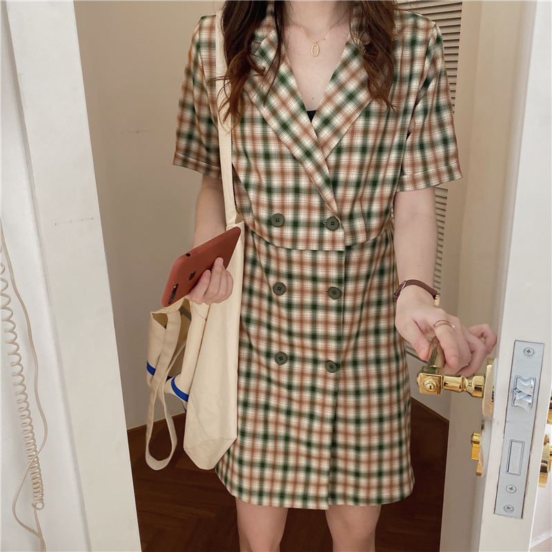チェック柄 ワンピース ジャケット風 Aライン 韓国ファッション レディース ダブルボタン 半袖 ハイウエストレトロ 春コーデ 夏コーデ Retro Lattice Double Breasted Dress Dtc Value Rave Notice バリューレイヴノーティス 韓国ファッションや