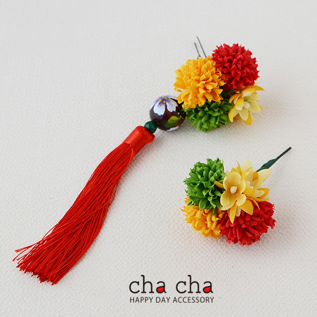 マムとタッセルの髪飾り２点set 赤 Wa052 Cha Cha 和の髪飾り専門店