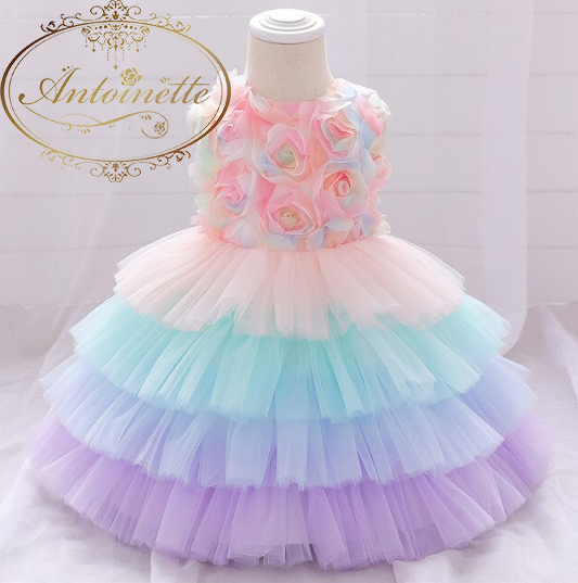 レインボー 妖精 子供 ワンピース ドレス チュール カラフル ベビー 女の子 Flower Dress Girl Feminine Baby Rainbow Antoinette