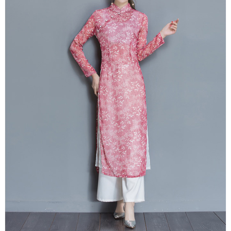 ベトナム ロングドレス 長袖 アオザイ エスニック風 ワンピース 二次会 パーティー お呼ばれドレス 入園式 婚活 顔合わせ ブルー ピンク グレー 大きいサイズ S M L Ll 3l 4l Elegant