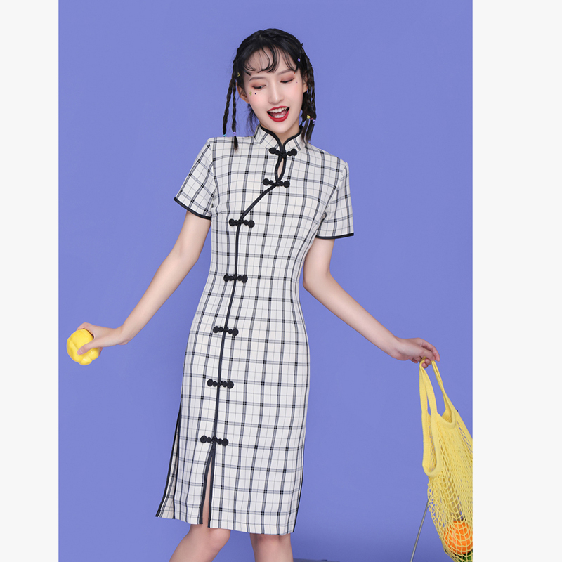 吾家有衣シリーズ チェック柄チャイナドレス ワンピース 中華服 着痩せ レトロ S M L Xl ブラック ホワイト Elegant