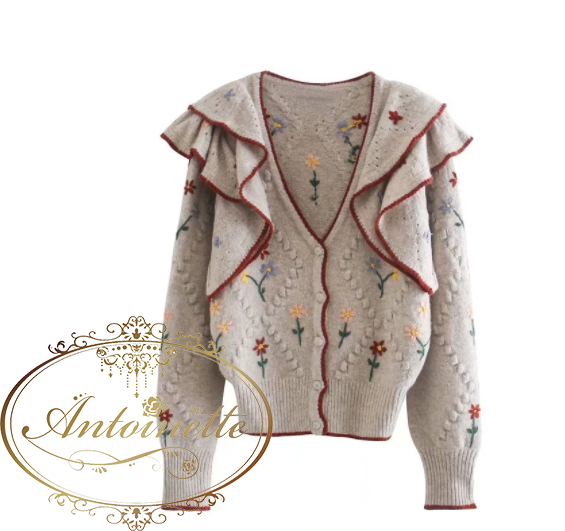 エレガント 花刺繍 ニット カーディガン 羽織 Elegant Women Cascading Ruffles Sweater Fashion Ladies Floral Embroidery Knitted Coat Streetwear Female Chic Striped Jacket Antoinette
