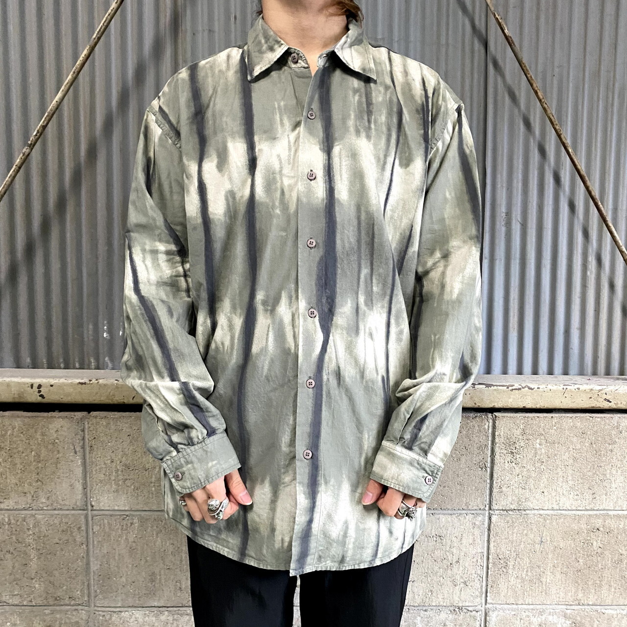 ユーロブランド ペールトーン タイダイ柄 長袖 コットン 総柄シャツ メンズxl 古着 淡色 カーキ系 長袖シャツ Cave 古着屋 公式 古着通販サイト