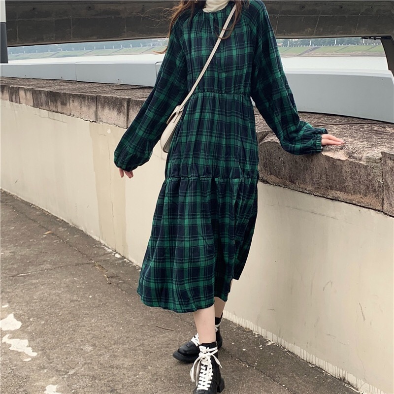 グリーンチェックロングワンピース Yh76 Youth 韓国ユニセックスファッション通販