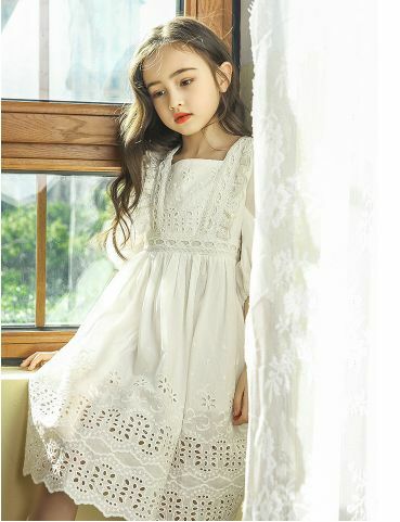 カッティング レース 白 ワンピ 110 150cm ママサイズ 清楚 ワンピース 5分袖 春 Aライン ハイ ウエスト 19s S 韓国 子供服 女の子 ガールズ P112 A Dear Child