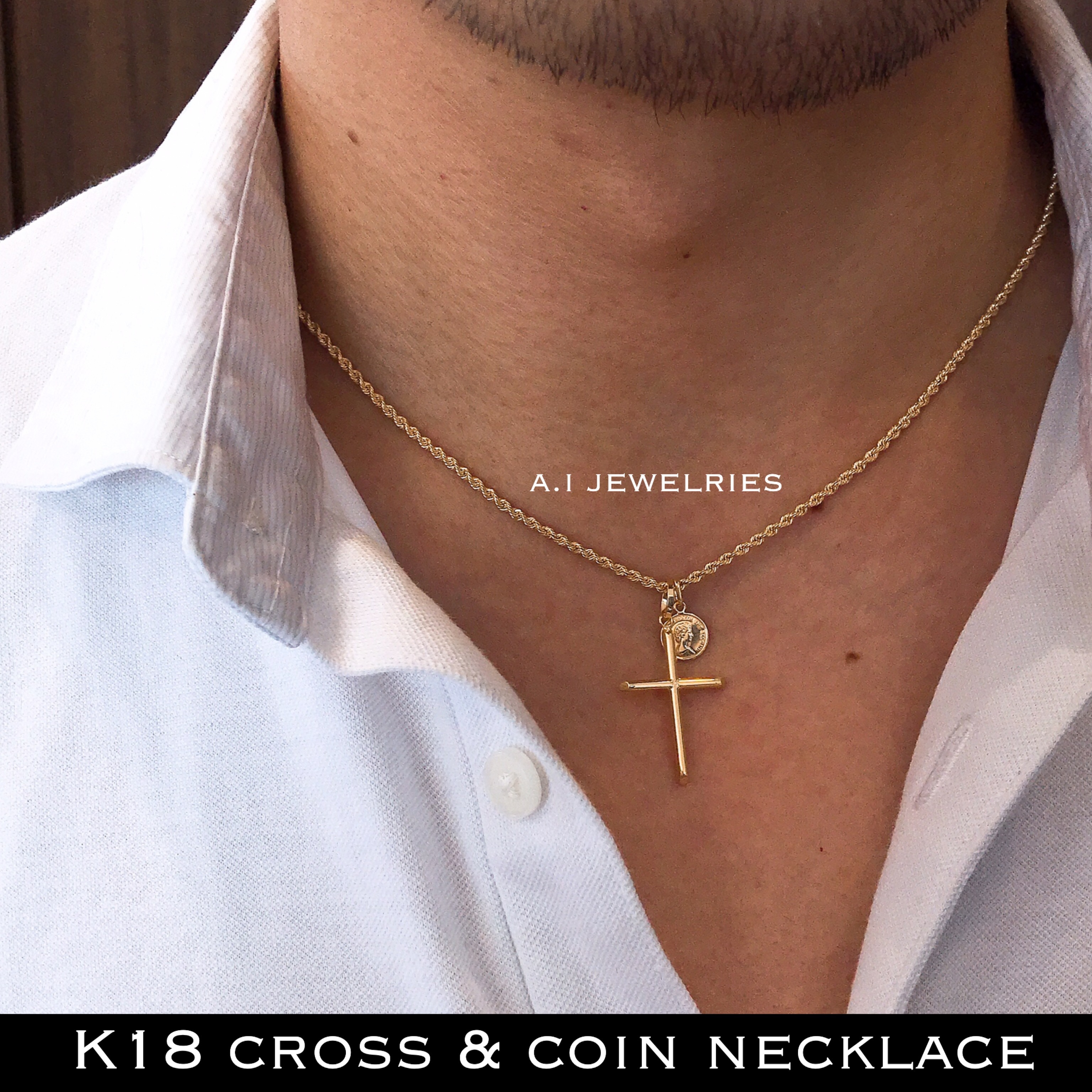 ネックレス メンズ 18金 クロス ロープ コイン ダブル ペンダント 新品 K18 Rope Cross Coin Necklace A I Jewelries エイアイジュエリーズ