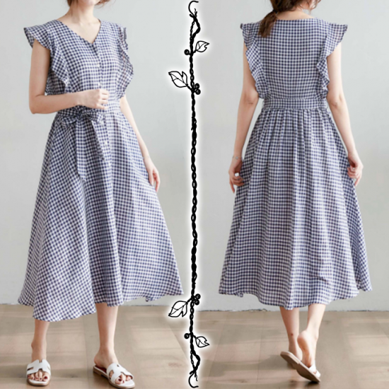 ミモレ丈ワンピース ノースリーブ ワンピース レディース フリル袖 チェック 夏服 Aライン ロング丈 Vネック 前開き 40代 50代 きれいめ Rx0294 Raxia ラクシア