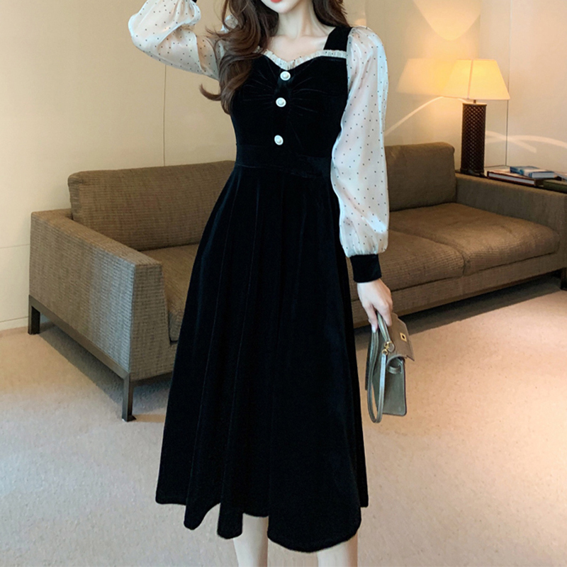 ワンピース 質感注目させ 配色 ドット柄 パフスリーブ 切り替え デートワンピース 黒 可愛い Miyabi Go