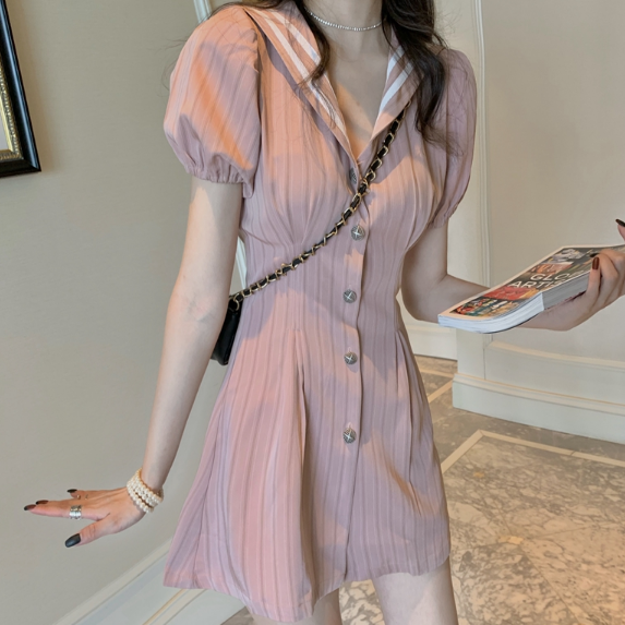 One Piece Pink Cute ワンピース ミニ丈 セーラー襟 パフスリーブ 半袖 ストライプ シャーベットカラー ペールカラー ピンク ガーリー おしゃれ 無地 ボタン 大人 可愛い キュート カジュアル お出かけ デート 春 夏 Sea Sign Post